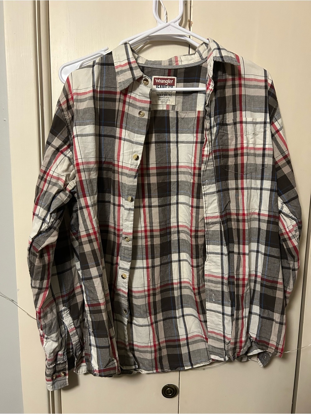 Wrangler Men’s Plaid Button-Down Shirt in White, Black & Red Accents
